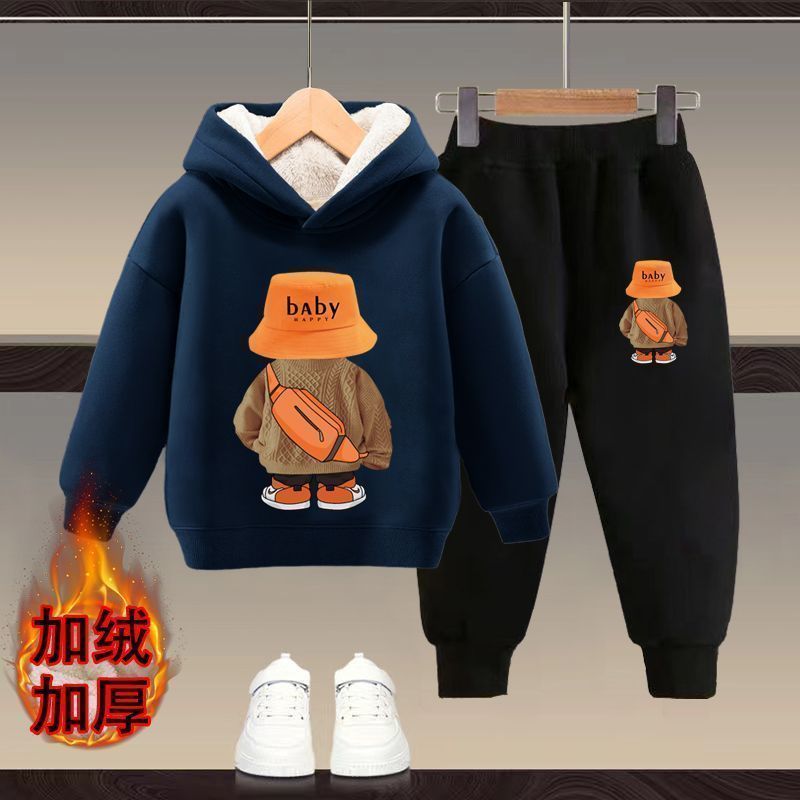 children‘s hooded sweatshirt suit autumn and winter fleece-lined thickened boys and girls new western style children warm two-piece suit