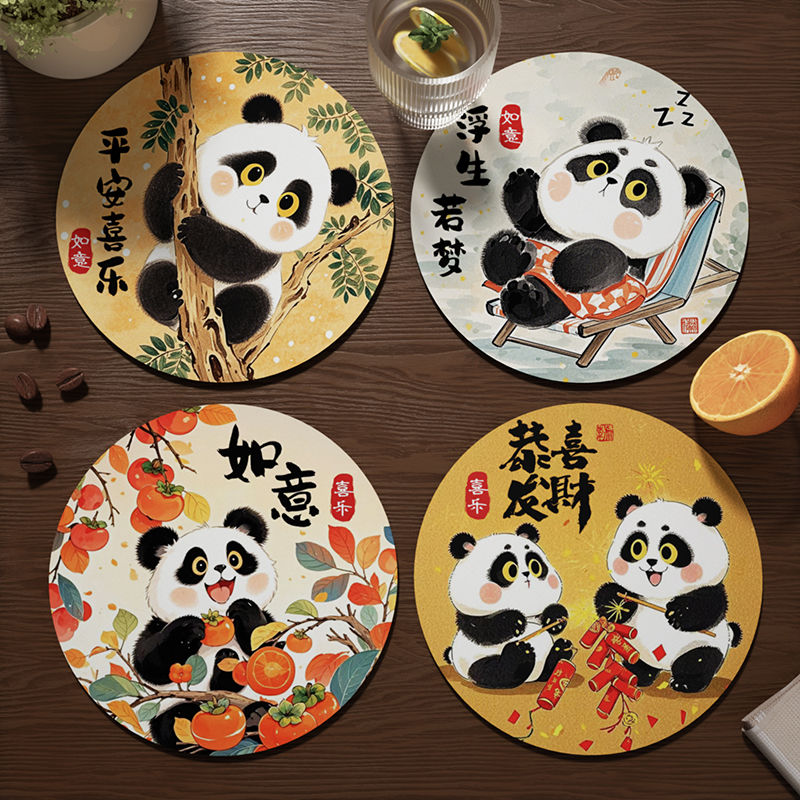 household dining table heat proof mat panda eating bamboo round pad tea table hydrophilic pad anti-scald non-slip coaster bowl plate mat