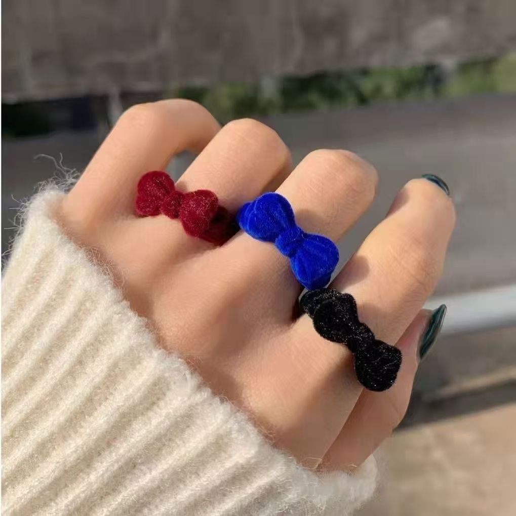 autumn and winter flocking bow ring ins student temperamental trendy niche advanced index finger ring velvet ring