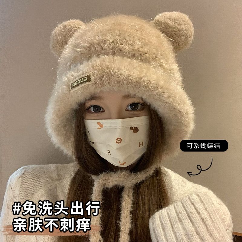 2024 new bear hat women‘s autumn and winter warm thickened cold protection big head circumference show face small knitted woolen cap