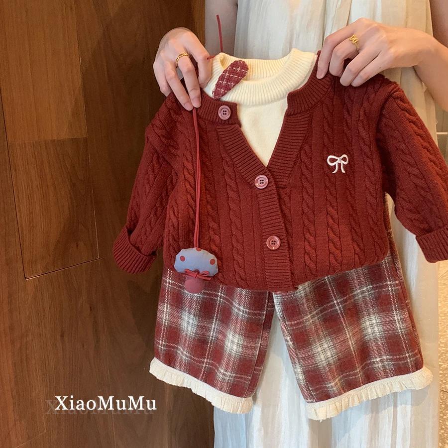 girls‘ autumn and winter suit 2024 new fashion baby thickened red sweater children‘s fleece-lined plaid pants two-piece set