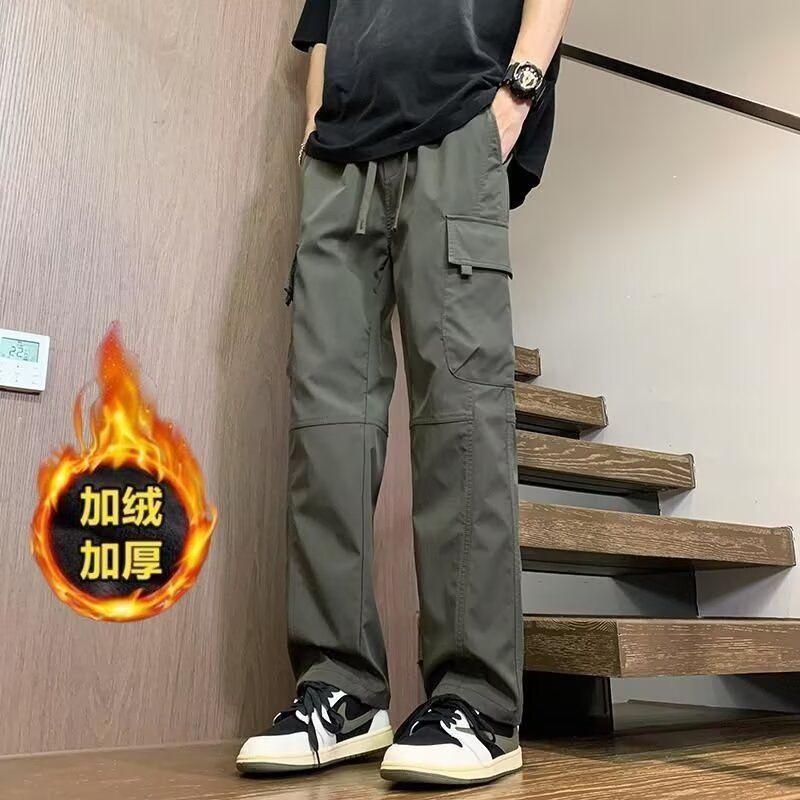 american overalls men‘s loose straight velvet autumn tactical pants large pocket trendy outdoor sports and leisure pants