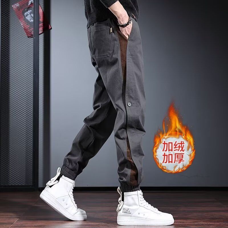 fashion brand cargo pants men‘s american style high-end design loose fleece-lined ankle banded slacks all-matching thickened harem pants