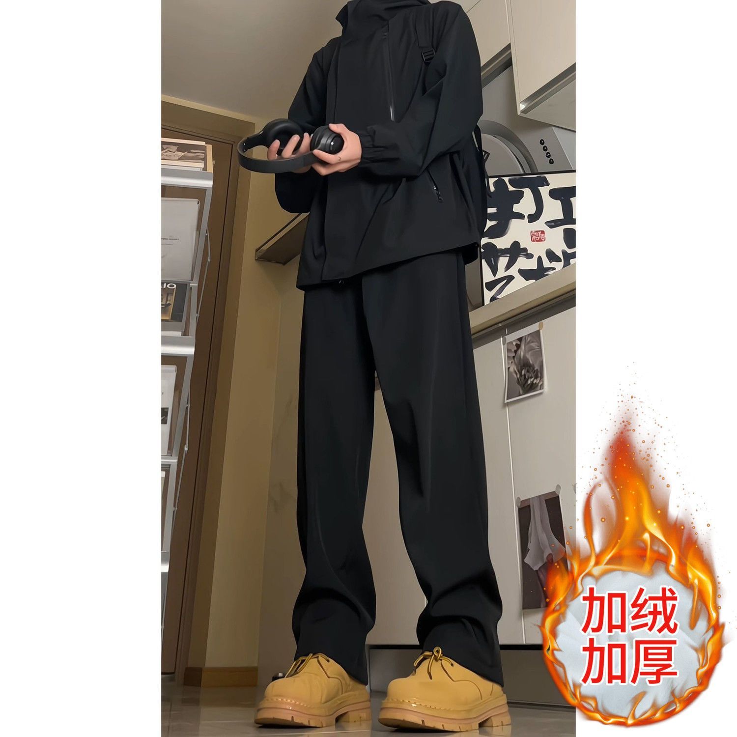 tall tactical pants men‘s autumn and winter fleece-lined thickened american pants casual trousers loose straight warm-keeping pants