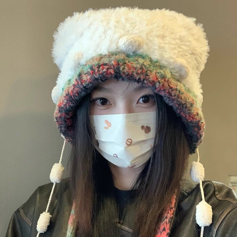 japanese style thermal bear plush bonnet 2024 winter hot cute style thick fashion face-looking small pullover knitting hat