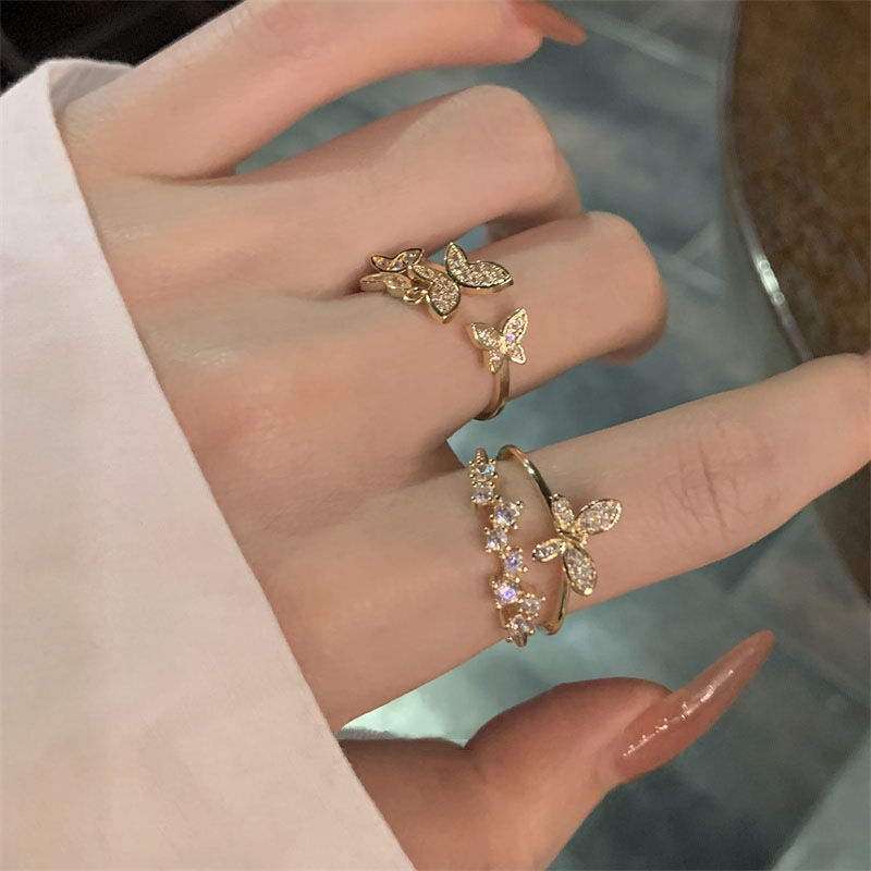 retro japanese style mild luxury butterfly opening ring female ins niche advanced fashion refined zircon shiny personality ring