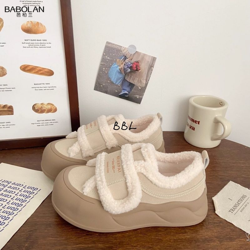 zhao lusi same style fleece-lined magic cotton shoes 2024 women‘s ugly winter new chic bread warm white shoes board shoes