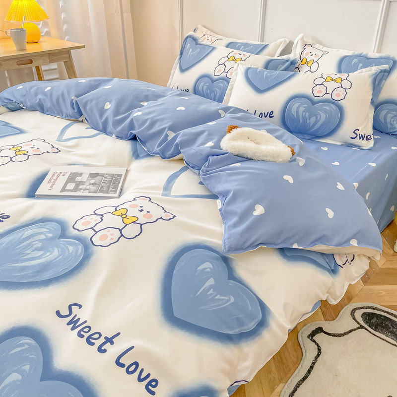 ins cartoon washed cotton four-piece blue love bed sheet quilt cover spring and autumn bedding student dormitory three-piece set