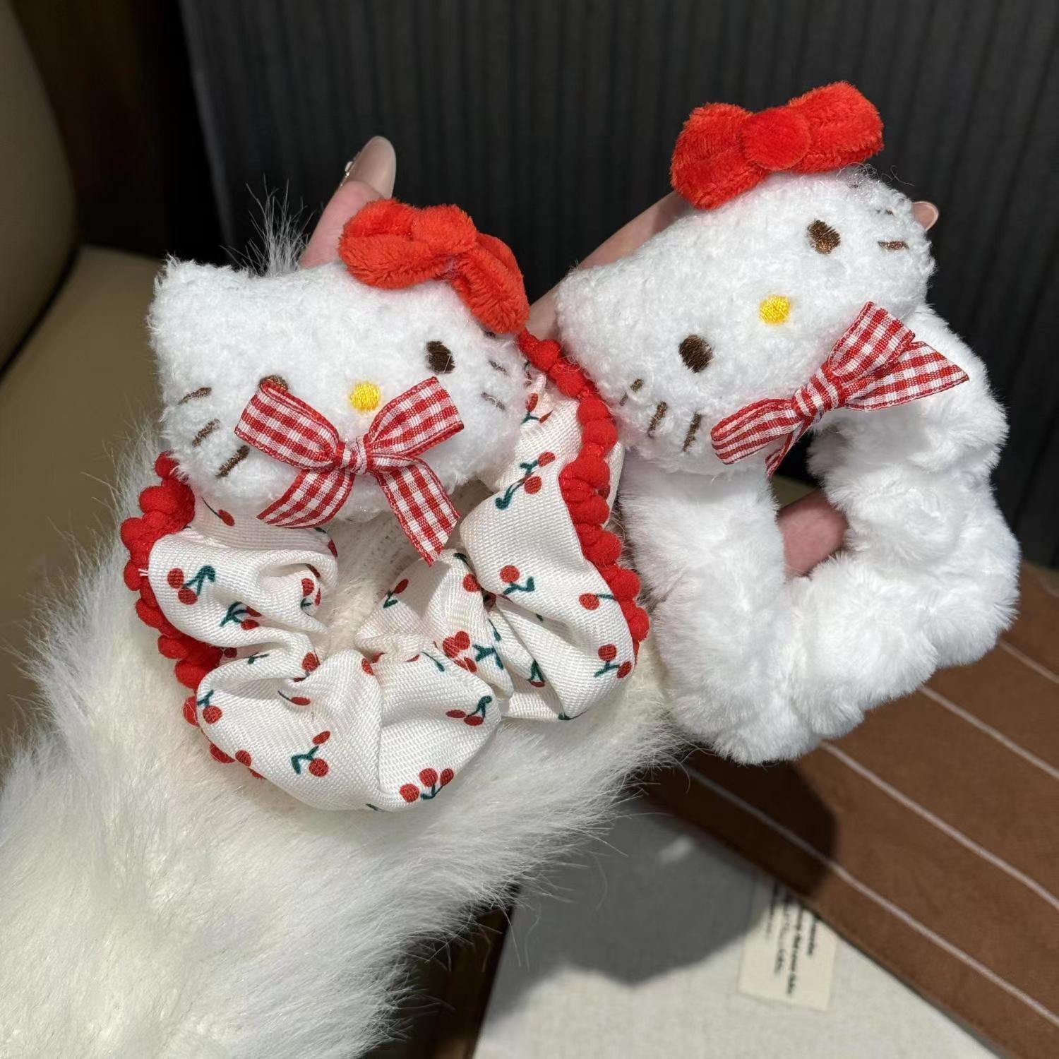 cute red plaid bow kitty  hair rope hair band soft girl furry cartoon hair rope autumn and winter wild