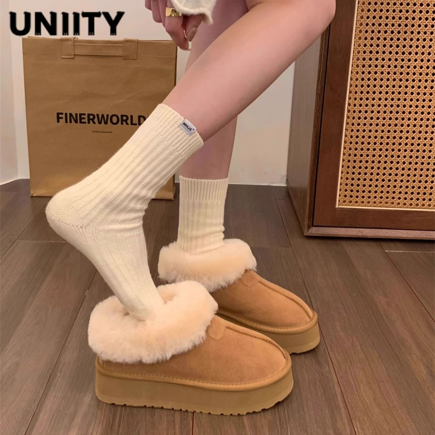 zhao lusi same style platform snow boots women‘s short leather and fur cotton-padded shoes women‘s winter mini warm thickened