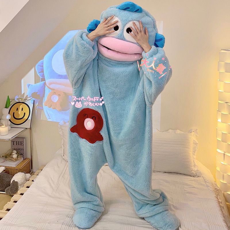 ugly fish handon cute funny one-piece couple pajamas men‘s and women‘s winter fleece-lined thick coral fleece cartoon homewear