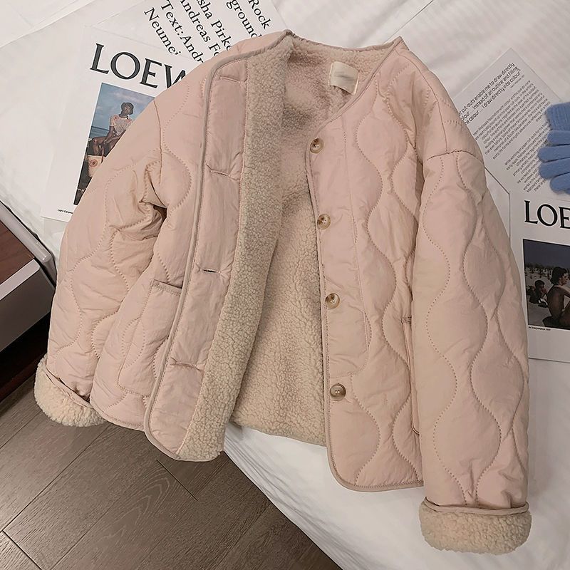 pink berber fleece cotton coat women‘s winter 2024 new korean style thick round neck lamb wool coat cotton-padded jacket cotton-padded jacket