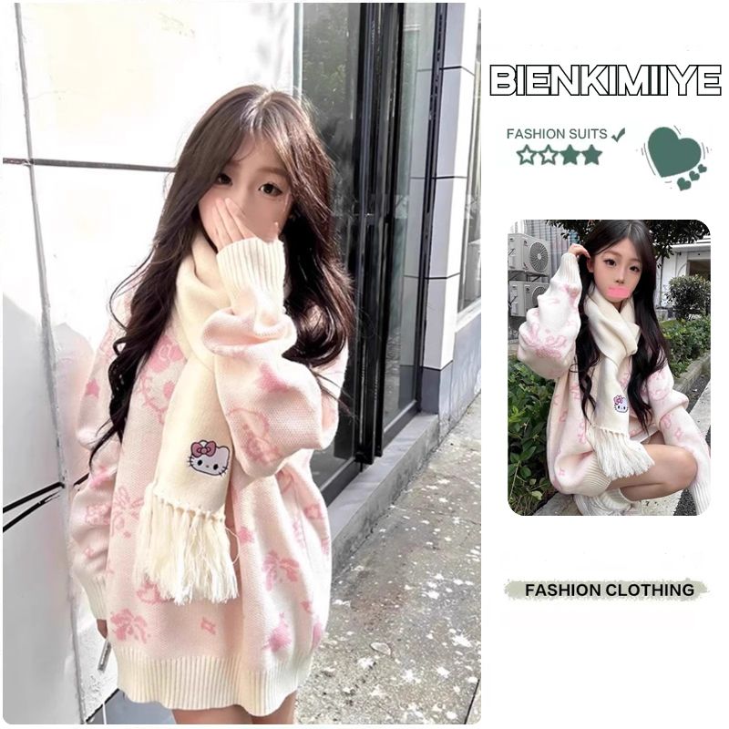 bienkimiiye autumn and winter new cute sweater women‘s loose soft glutinous all-match top + hellokitty scarf