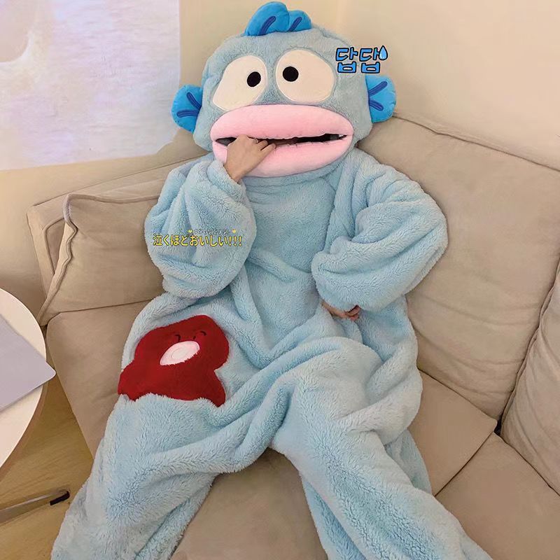 ugly fish handon cute funny one-piece couple pajamas men‘s and women‘s winter fleece-lined thick coral fleece cartoon homewear