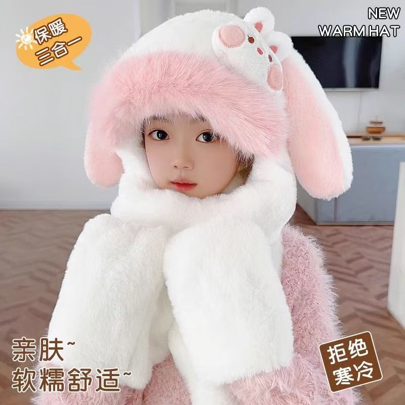 autumn and winter new plush thickened children rabbit three-piece set ears moving warm-keeping and cold-proof ear protection scarf plush bonnet