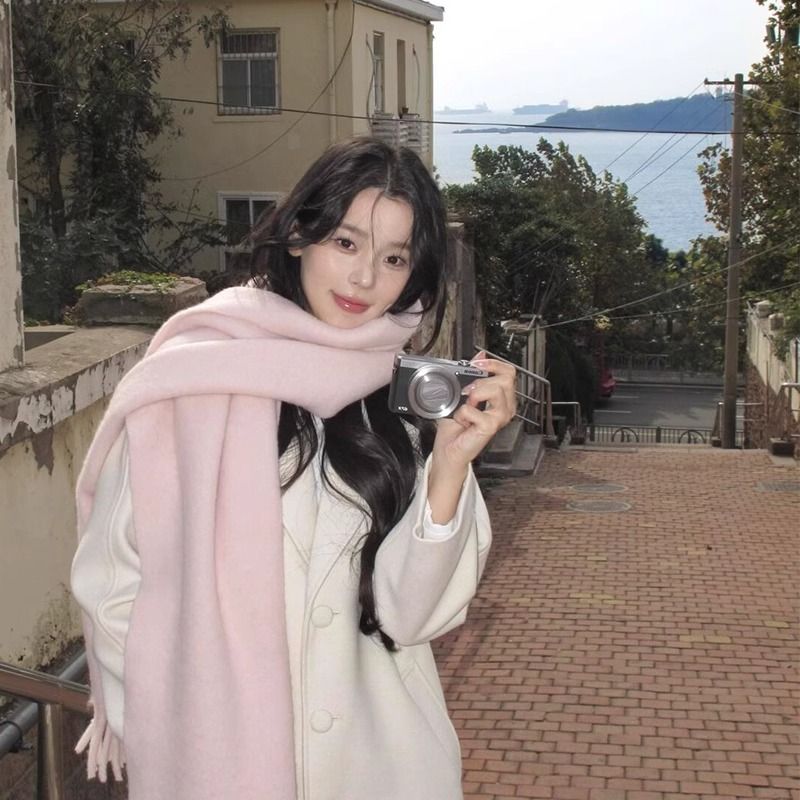 mohair scarf for women winter korean style all-match pink white sky cold-proof pure color warm keeping scarf high-grade fashion