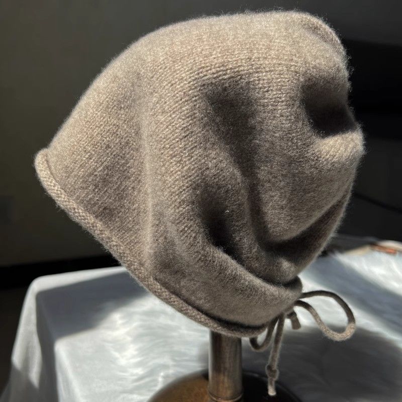 pile style wool face-showing hat warm cashmere drawstring curling new closed toe woolen cap beanie hat autumn and winter