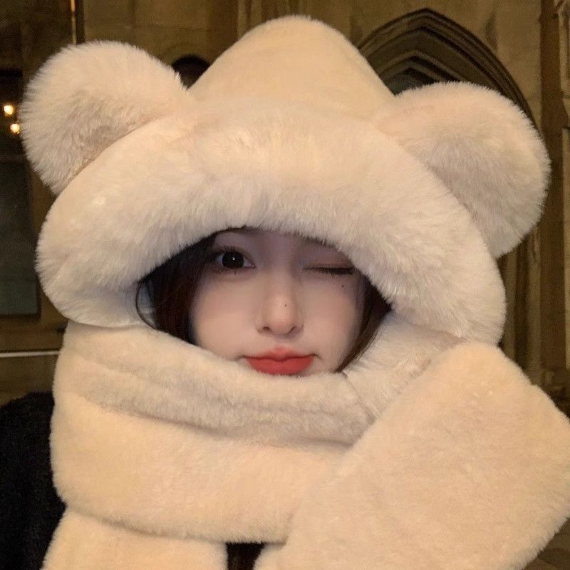 new winter hat women‘s winter furry cute plush cold-proof warm velvet padded thickened scarf gloves