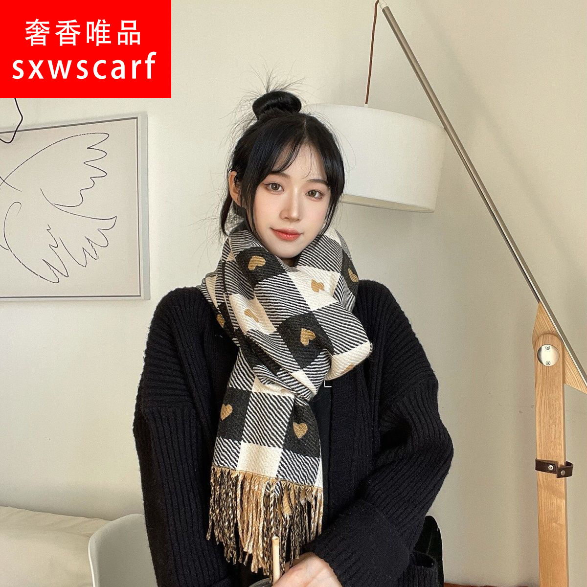 autumn and winter internet hot new korean style plaid love scarf thickened double-sided versatile students warm-keeping bib shawl narrow version