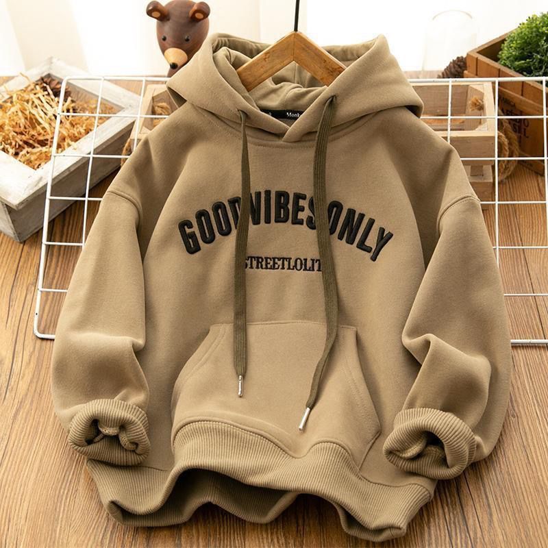 hong kong style retro autumn and winter fleece-lined thickened hooded sweatshirt men‘s and women‘s design sense loose versatile coat student top