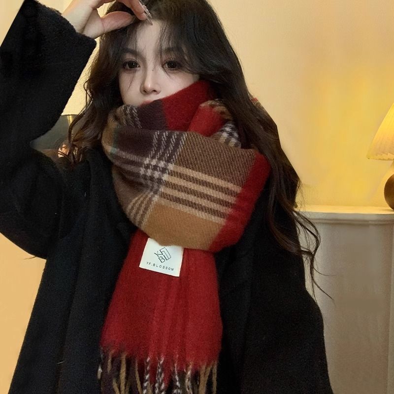 red plaid new korean style versatile retro high-end scarf scarf thickened couple winter warm student shawl