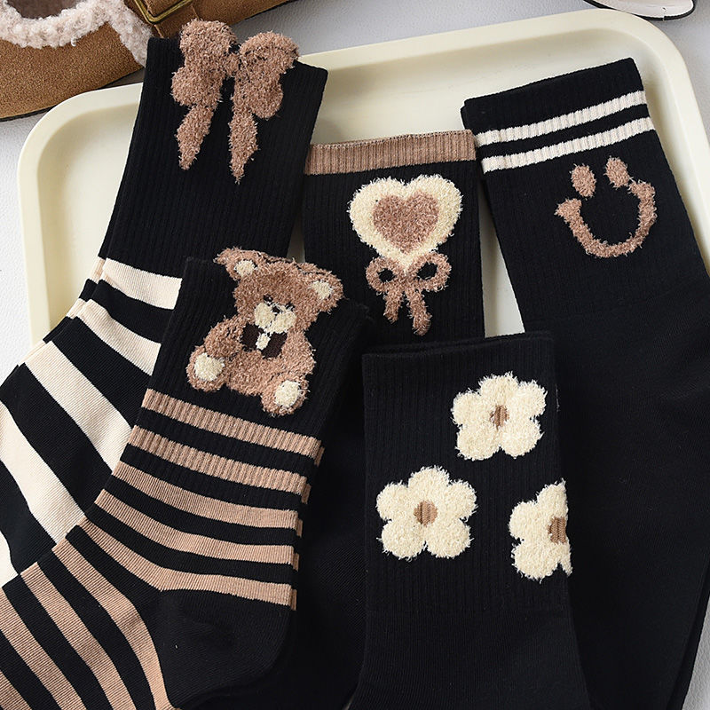 autumn and winter socks women‘s tube socks black feather yarn plush bear bow cotton socks ns internet celebrity korean style long