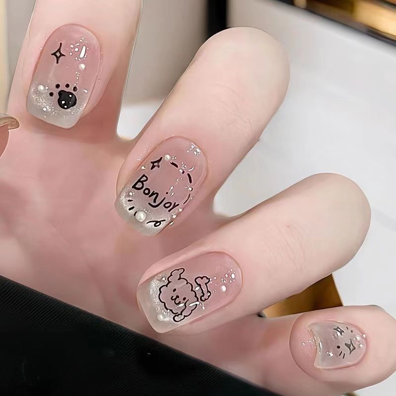 children‘s hand-painted puppy pearl nail beauty patch cartoon cat‘s eye cute ins graffiti handmade wear nail short