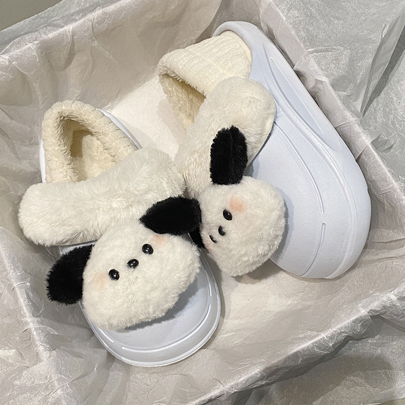 detachable cotton slippers women‘s winter warm keeping heel cover fleece-lined non-slip thick bottom cute couple slippers shoelace heel men