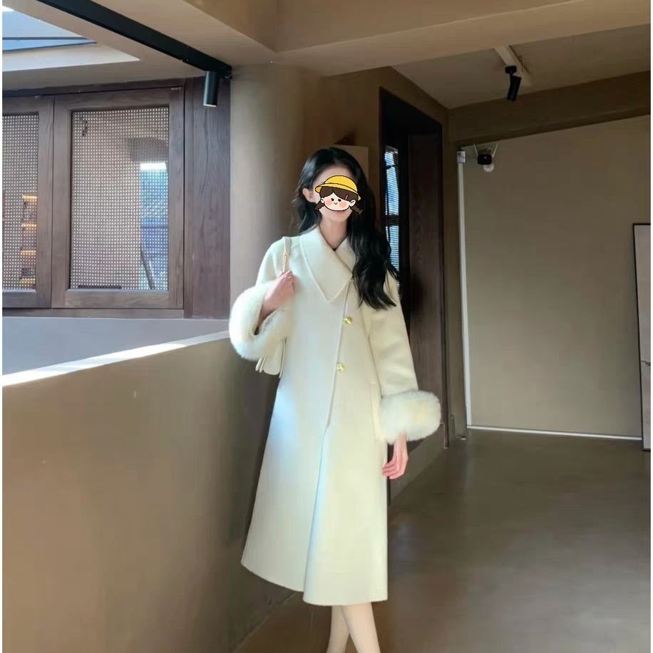 winter double-faced woolen goods cashmere woolen coat winter fox fur long woolen coat female holy hand worker sewing