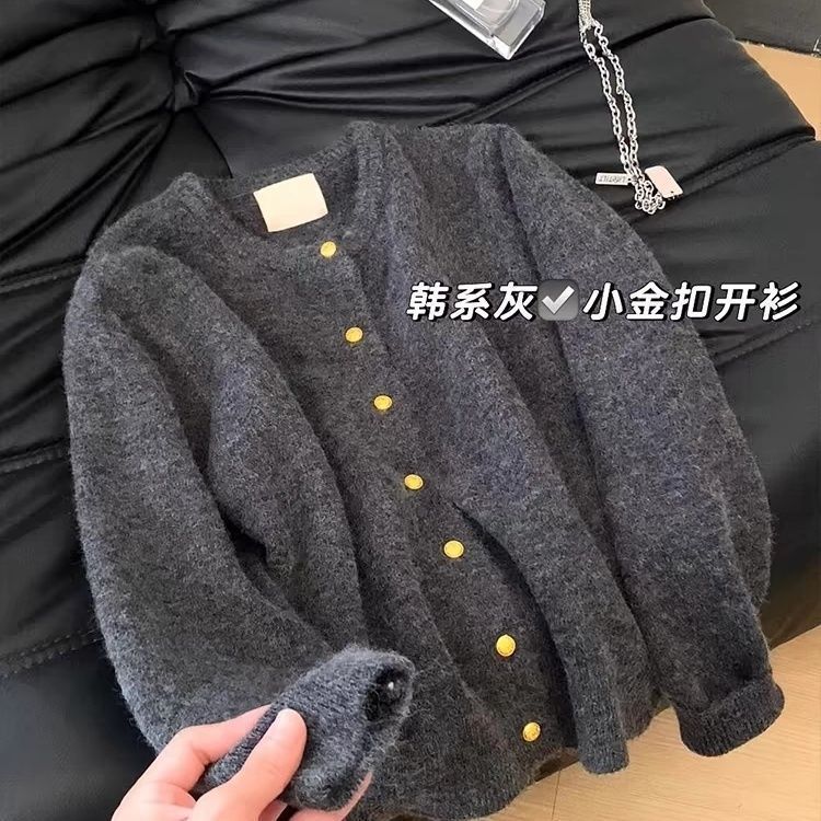 european goods senior gray small golden button raccoon velvet sweater coat women‘s autumn and winter temperament wild round neck knitted cardigan