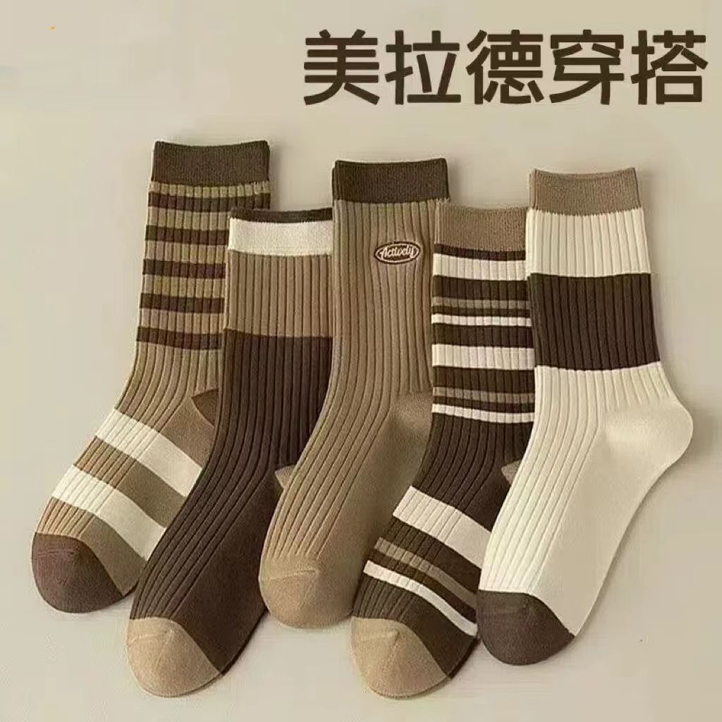 xinjiang cotton socks women‘s autumn and winter maillard mid-calf length loose socks striped deodorant and sweat-absorbing autumn socks stockings