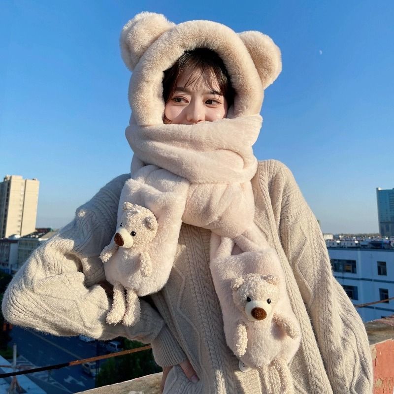 bear hat autumn and winter women‘s scarf big head circumference scarf gloves integrated hooded cute warm winter three-piece set