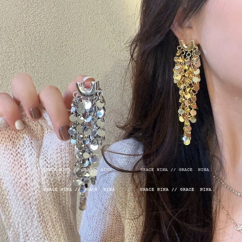 metal sequins tassel earrings niche european and american high-key dignified mature banquet senior exquisite new eardrop earring