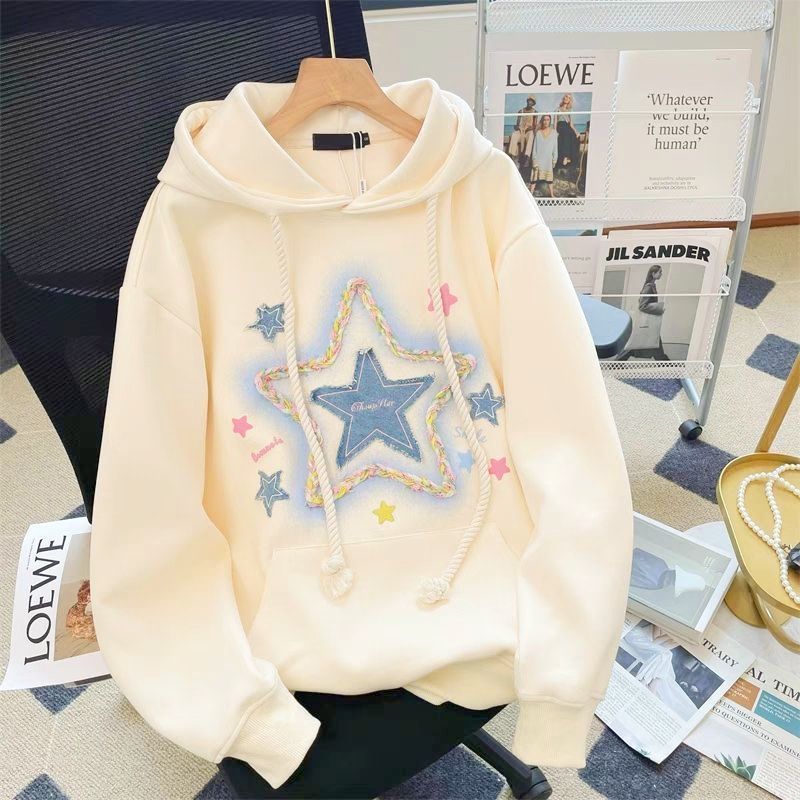 american hiphop xingx printed milk apricot hooded sweater women‘s autumn and winter lazy university style small coat