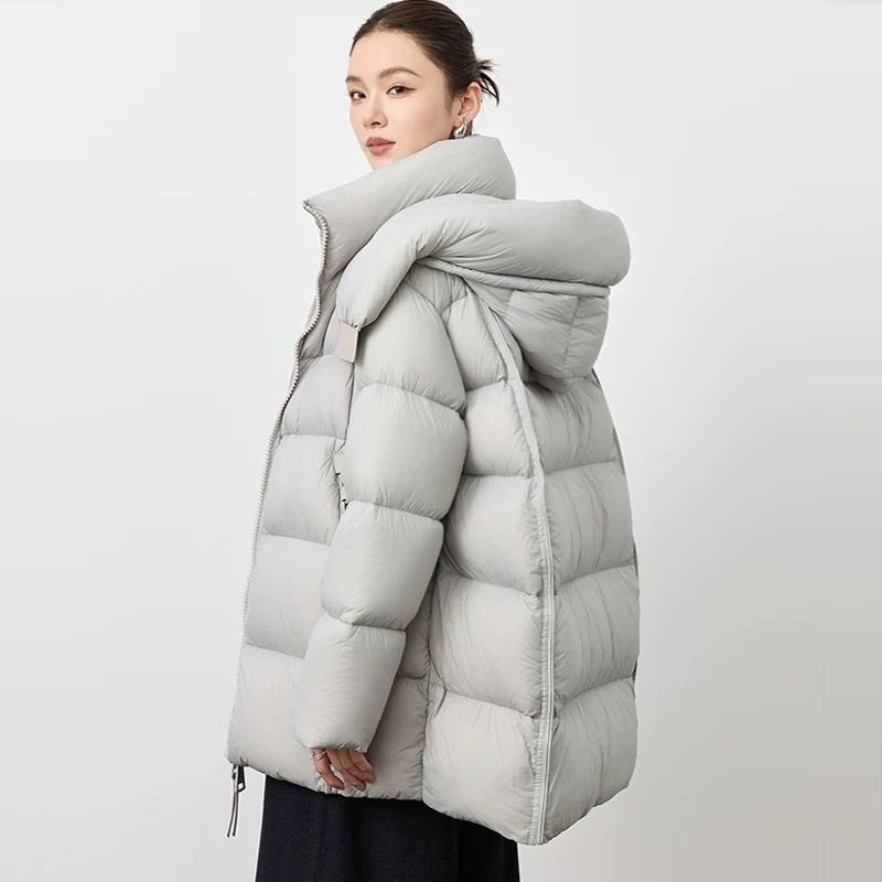 white goose down 2024 winter new hooded loose cocoon cloud puff down jacket women‘s mid-length slimming thickened