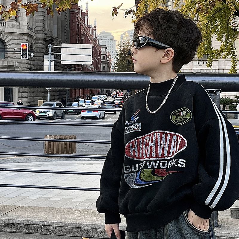 boy‘s american-style brushed hoody round neck top fleece-lined thickened boy‘s trendy cool korean style version sweater children‘s ruan handsome