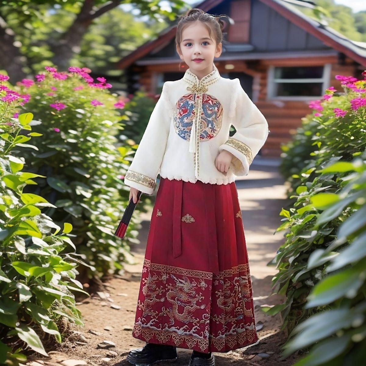 winter horse-face skirt embroidery suit girls‘ autumn and winter thick plus chinese hanfu new chinese tang costume fleece-lined children‘s new year greeting