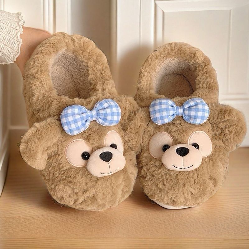 cute bear cotton slippers female winter wear non-slip home indoor platform plus velvet bag heel insulated cotton-padded shoes swing