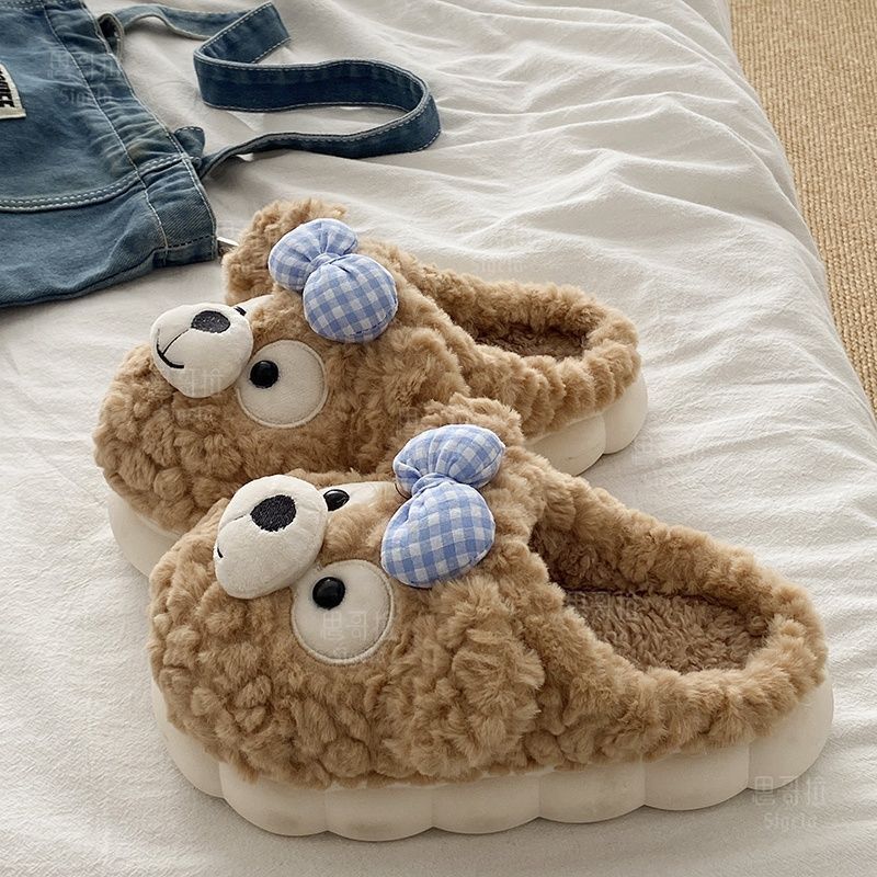 2024 new cotton slippers women‘s winter cute bear outer wear thick bottom home non-slip bag heel fleece-lined thermal children‘s shoes