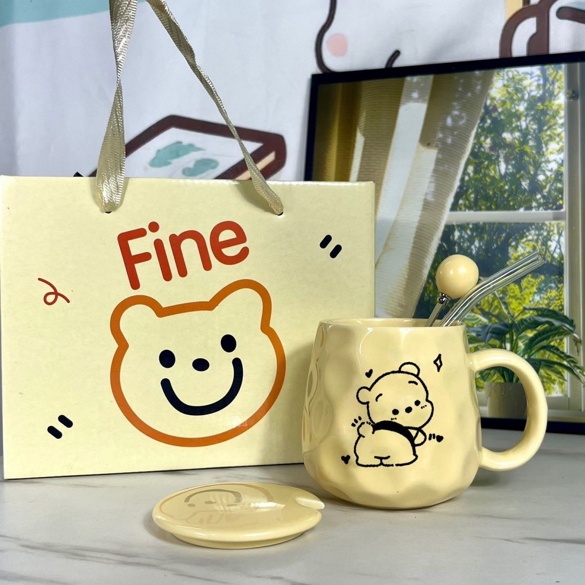 cute ins cartoon good-looking ceramic mug with cover spoon girl heart niche summer water cup coffee cup