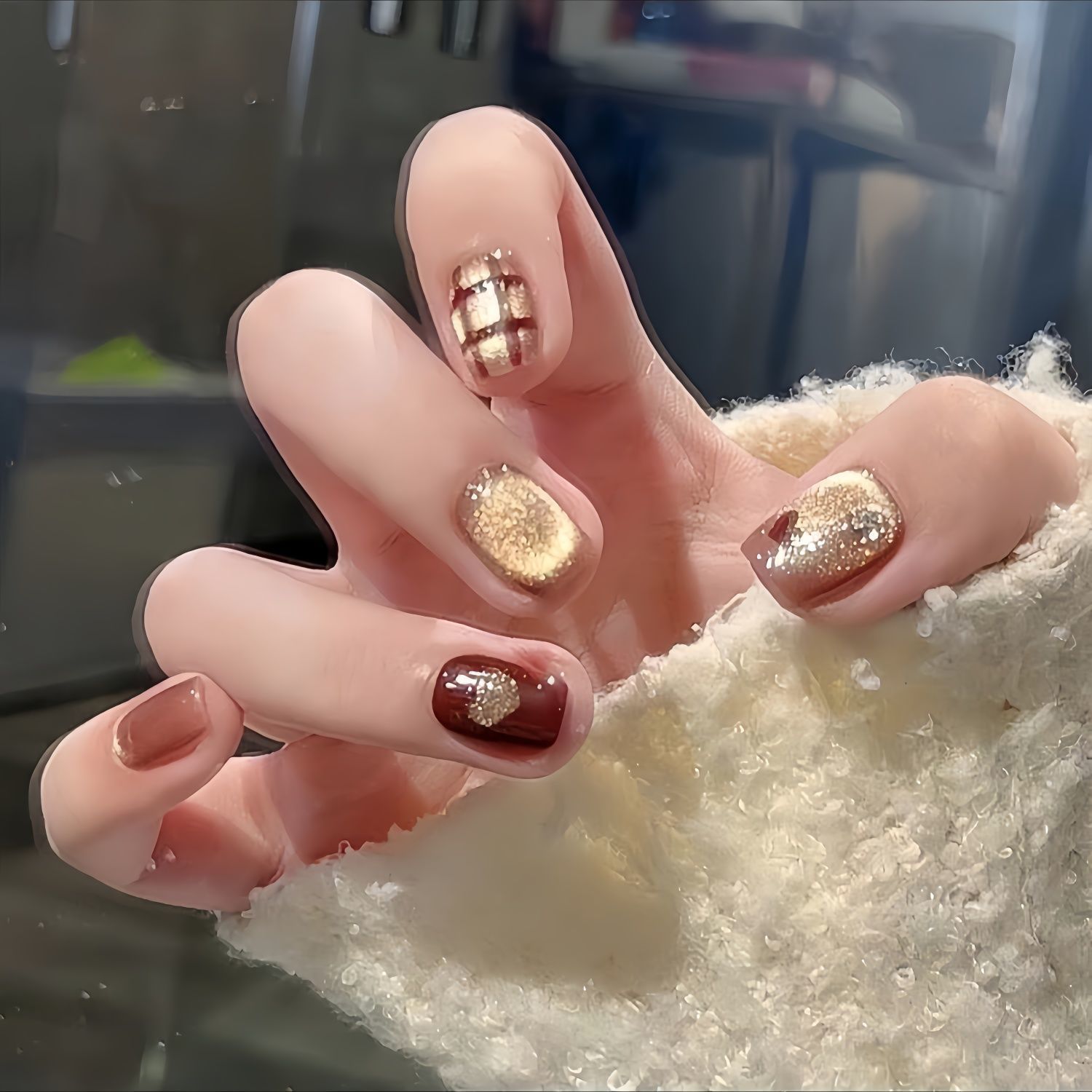 autumn and winter half-handmade wear nail new caramel cute sweet cool pudding love plaid nail handmade wear detachable