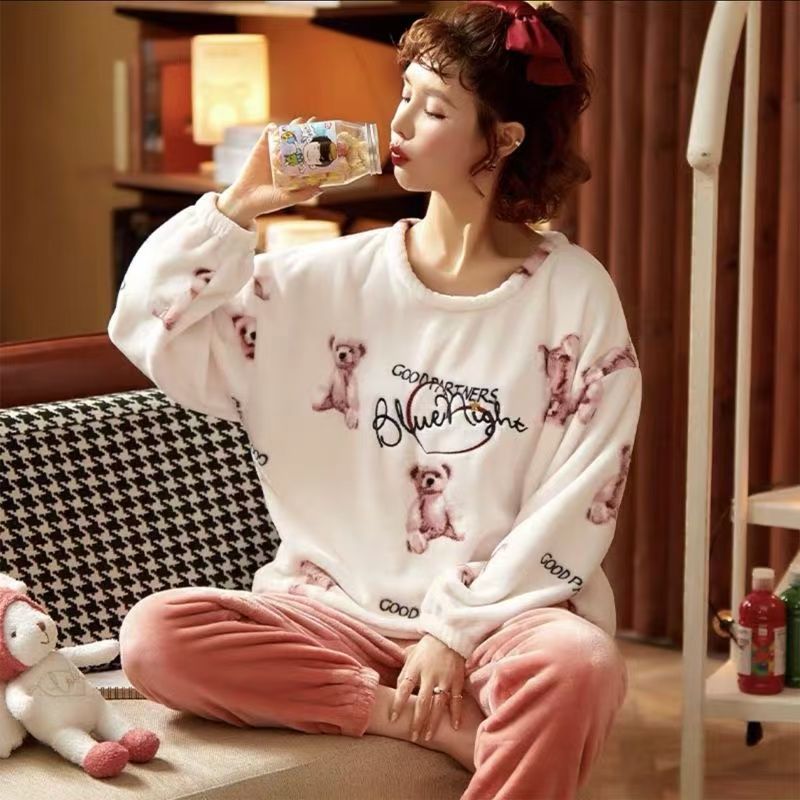 classic style pajamas women‘s autumn and winter coral fleece fleece-lined thickened cute net red wind flannel home wear suit