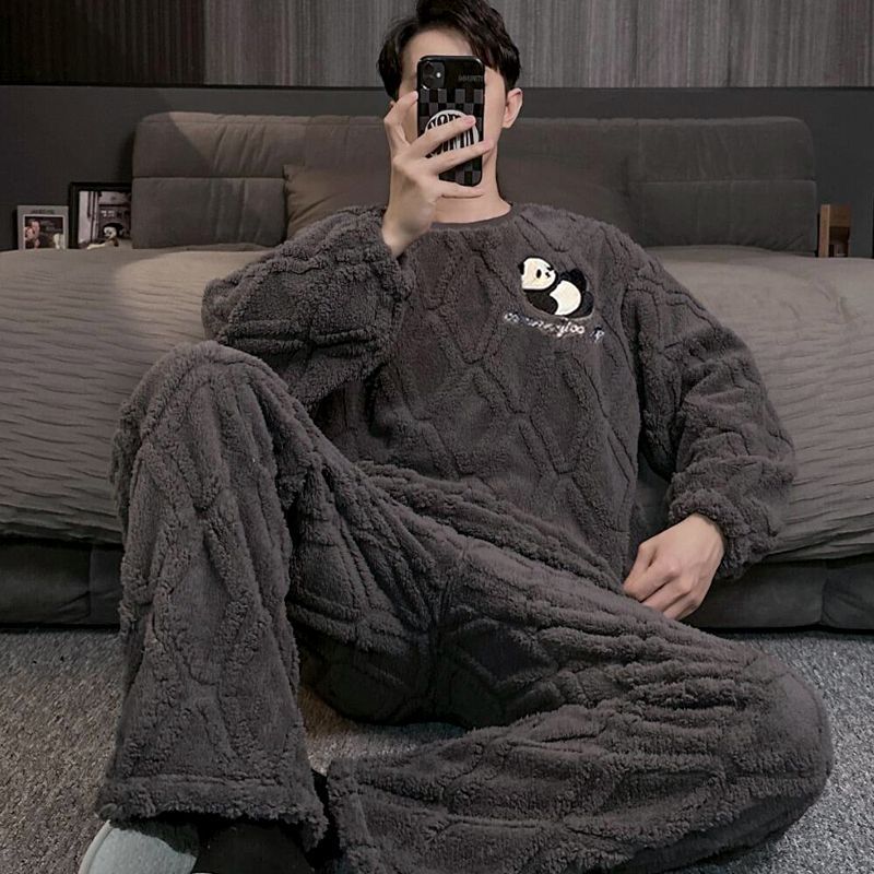 men‘s coral fleece pullover pajamas autumn and winter thickened fleece long sleeves flannel handsome homewear suit winter