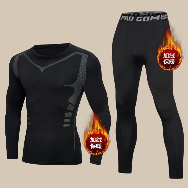 warm men‘s suit close-fitting fleece warm long johns top & bottom outdoor running sports quick-drying fitness clothes autumn and winter