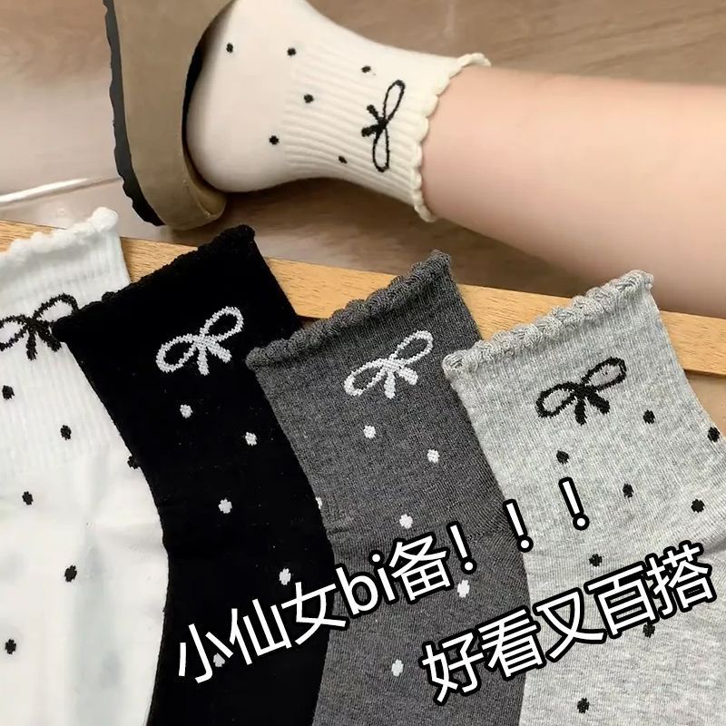 new autumn and winter bow polka dot lace bunching socks student ins tide stockings japanese-style and internet-famous female middle tube socks