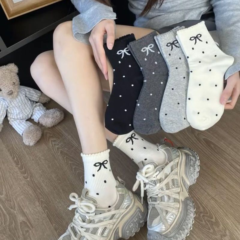 xiaohongshu same style polka dot lace bow autumn and winter polka dot bunching socks student ins fashion middle-long stockings