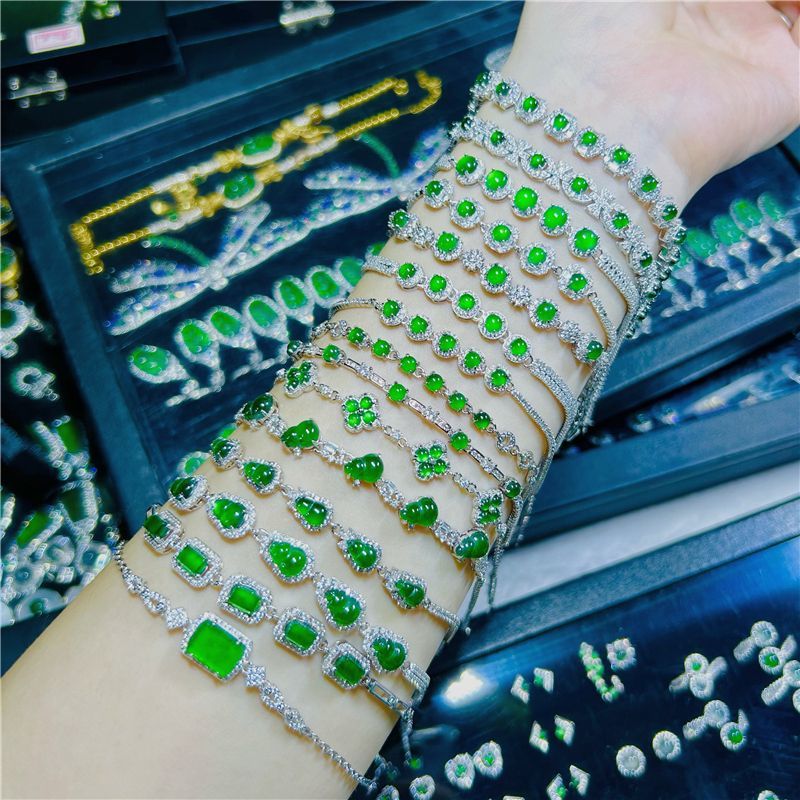 new natural a cargo green jade bracelet s925 silver inlay ice-like egg noodle gourd bracelet gift holiday gift