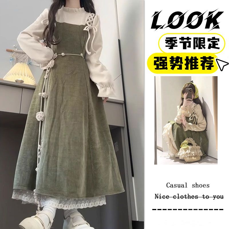 2024 winter new retro fake two pieces ruffled collar fake two pieces long sleeve dress green midi dress for women