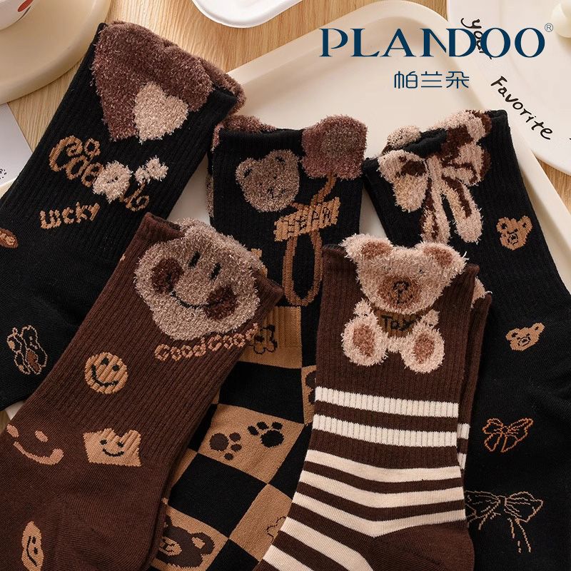 feather autumn and winter socks women‘s mid-calf plush bear mid-calf korean style stockings ins cute wild long socks cotton socks