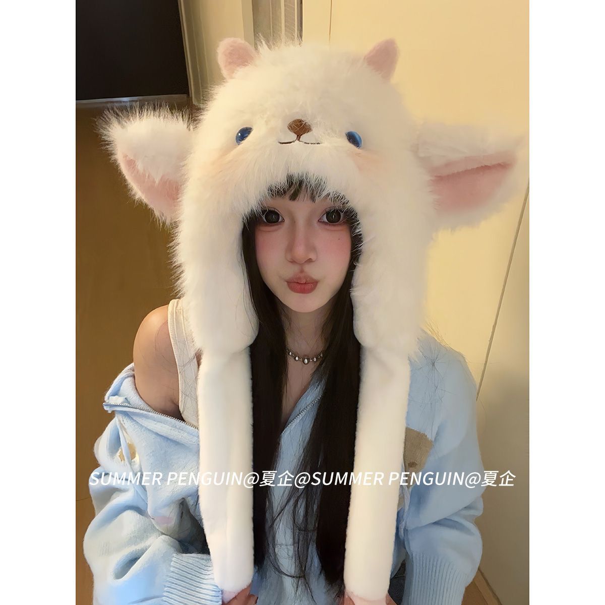 winter trending cartoon lamb fleece-lined thickened woolen cap children warm pinch ears moving